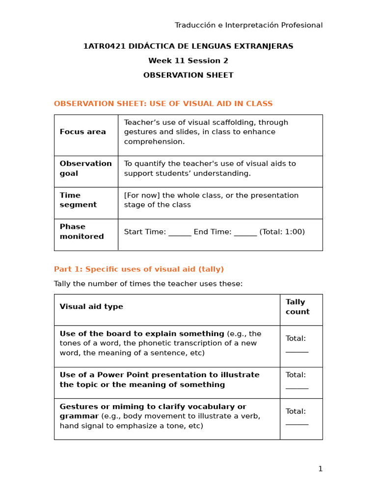 DLE Week 11 Session 2 Observation sheet | PDF | Human Communication ...