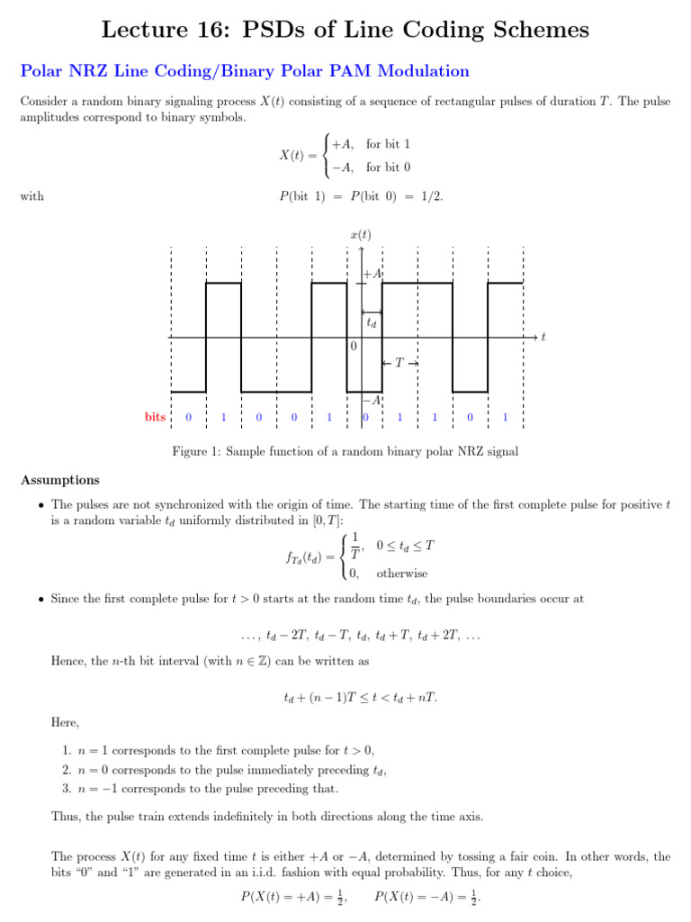 Lecture 16_ PSD of Polar and Unipolar NRZ Line Coding Schemes | PDF ...