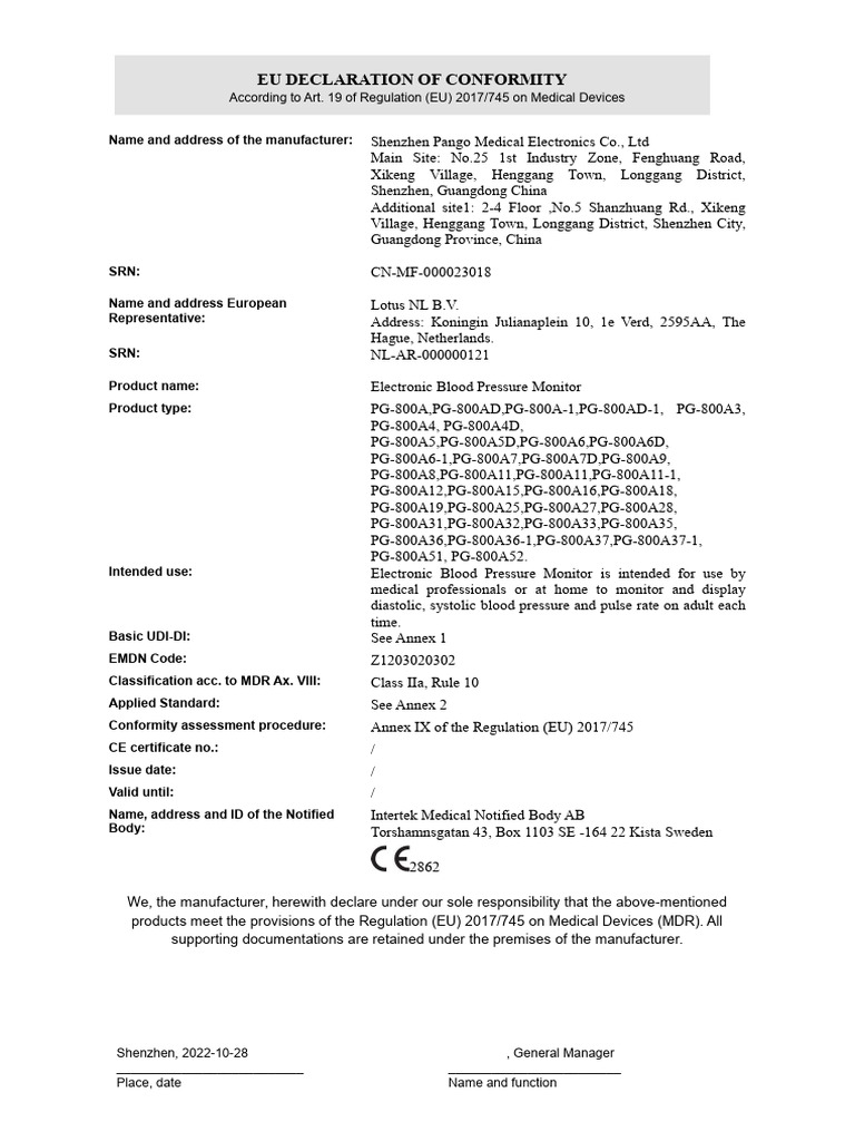 02 PG-800A-00-08 Declaration of Conformity | PDF | Medical Device ...