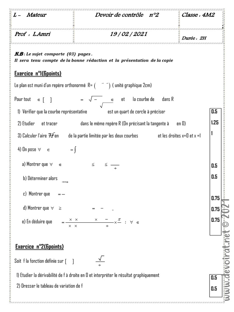 Devoir de Contrôle N°2 - Math - Bac Mathématiques (2020-2021) MR Amri ...