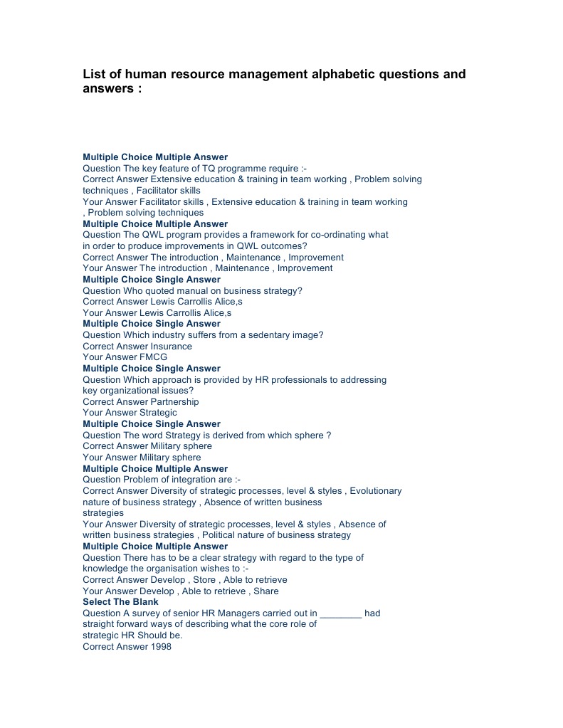 HR Questions and Answers PDF Strategic Management Human Resource