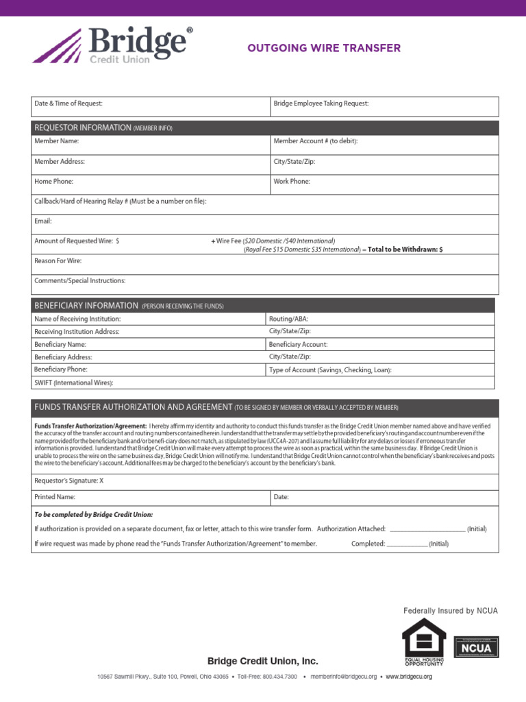 Bridge Outgoing Wire Request Form Website | PDF | Banks | Wire Transfer