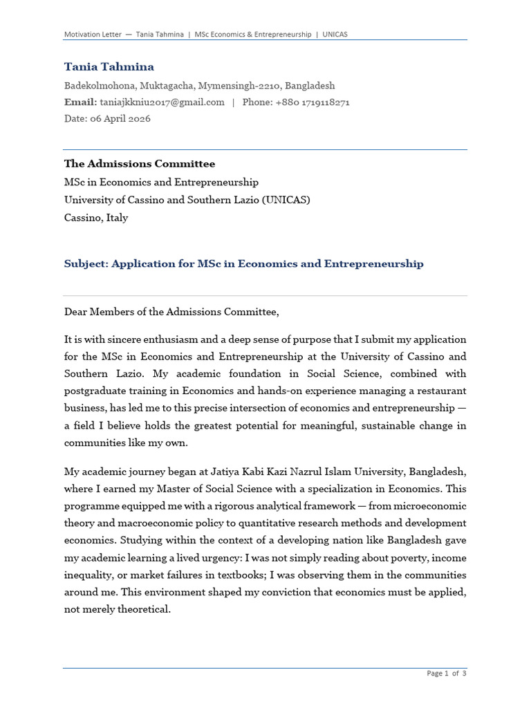 Motivation_Letter_Tania | PDF | Economics | Entrepreneurship