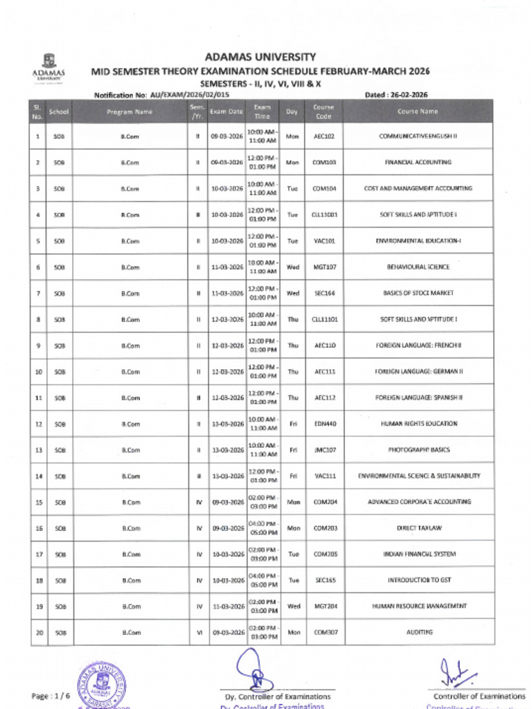 SOB_Mid Term Schedule | PDF