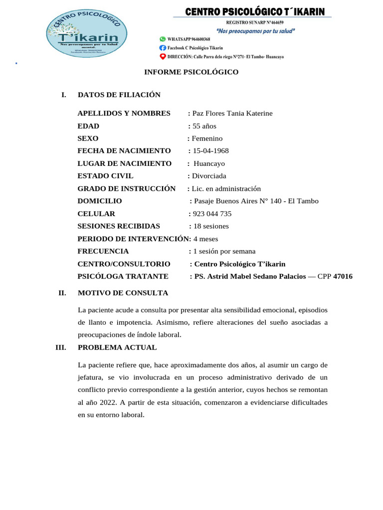 INFORME PSICOLÓGICO (1) | PDF | Las emociones | Depresión (estado de ánimo)