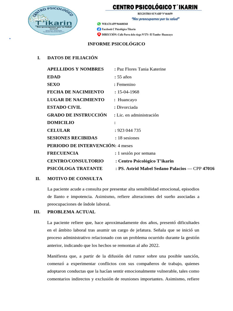 INFORME PSICOLÓGICO | PDF | Las emociones | Depresión (estado de ánimo)