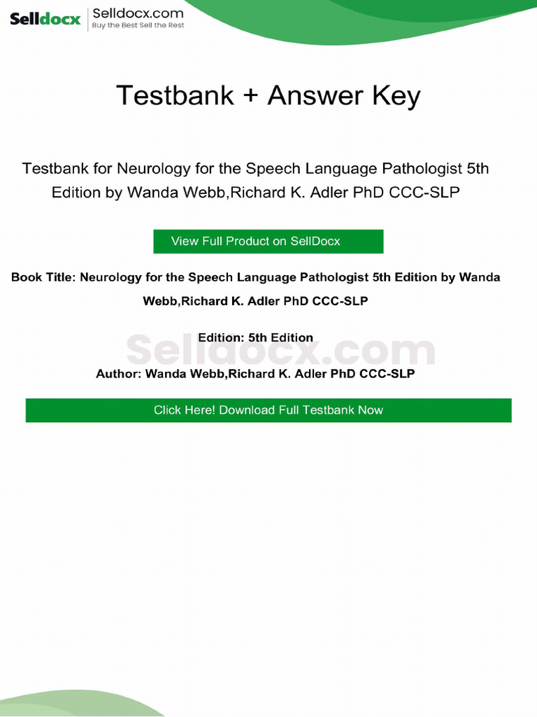 Testbank for Neurology for the Speech Language Pathologist 5th Edition ...