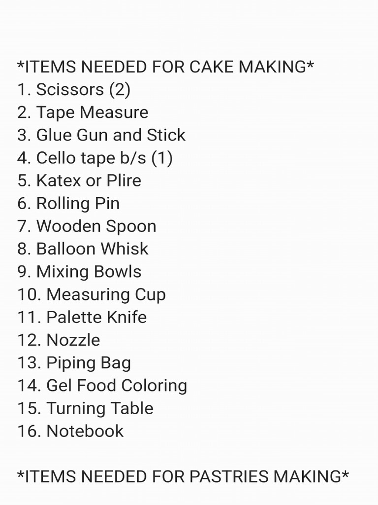 Items Needed for Cake, Pastries and Bread | PDF