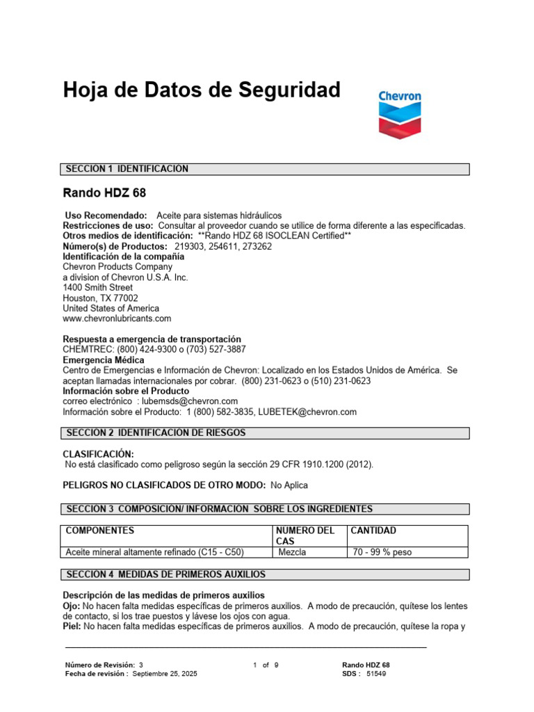 02. Rando Hdz 68 Chevron - Hoja Msds | PDF | Solubilidad | Toxicidad