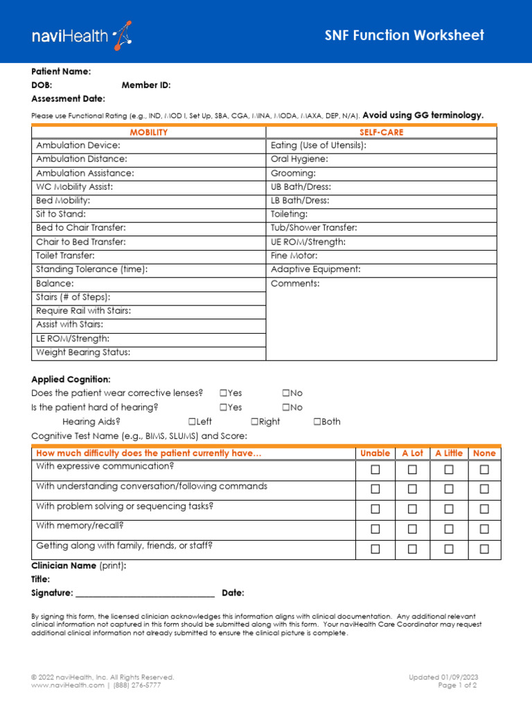 SNF Therapy Function Worksheet | PDF | Caregiver | Health Care