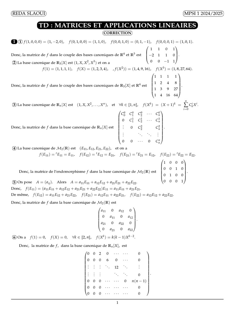 TD 25 Corrigé - Matrices Et Applications Linéaires | PDF | Théories de ...