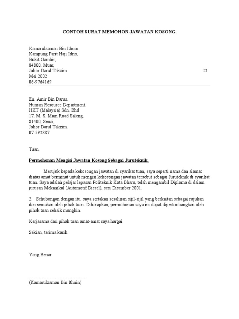 Contoh Surat Memohon Jawatan Kosong Pdf