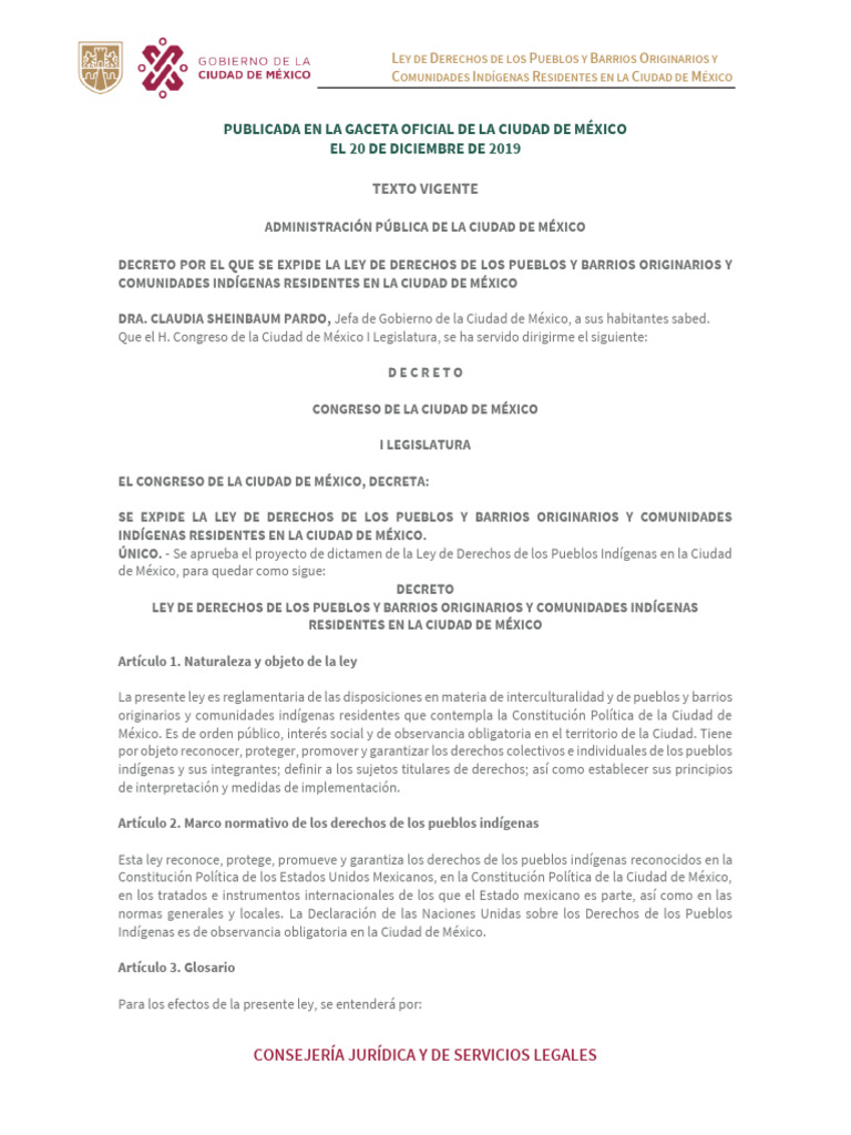Ley Derechos de Pueblos y Barrios Originarios y Comunidades Indigenas ...