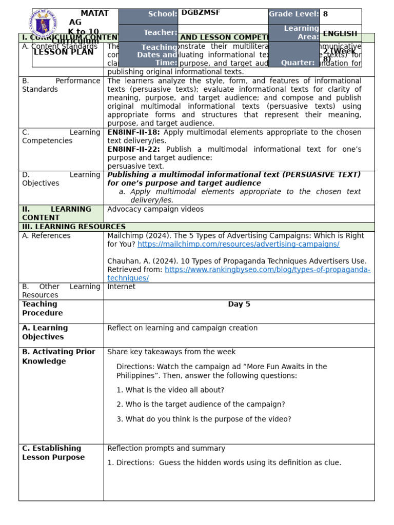 English Matatag Sample Template | PDF | Learning | Education Theory