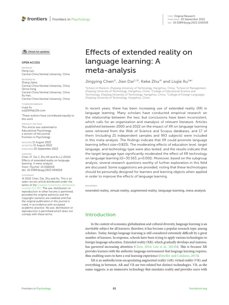 Effects of Extended Reality on Language Learning a Meta-Anaysis | PDF ...