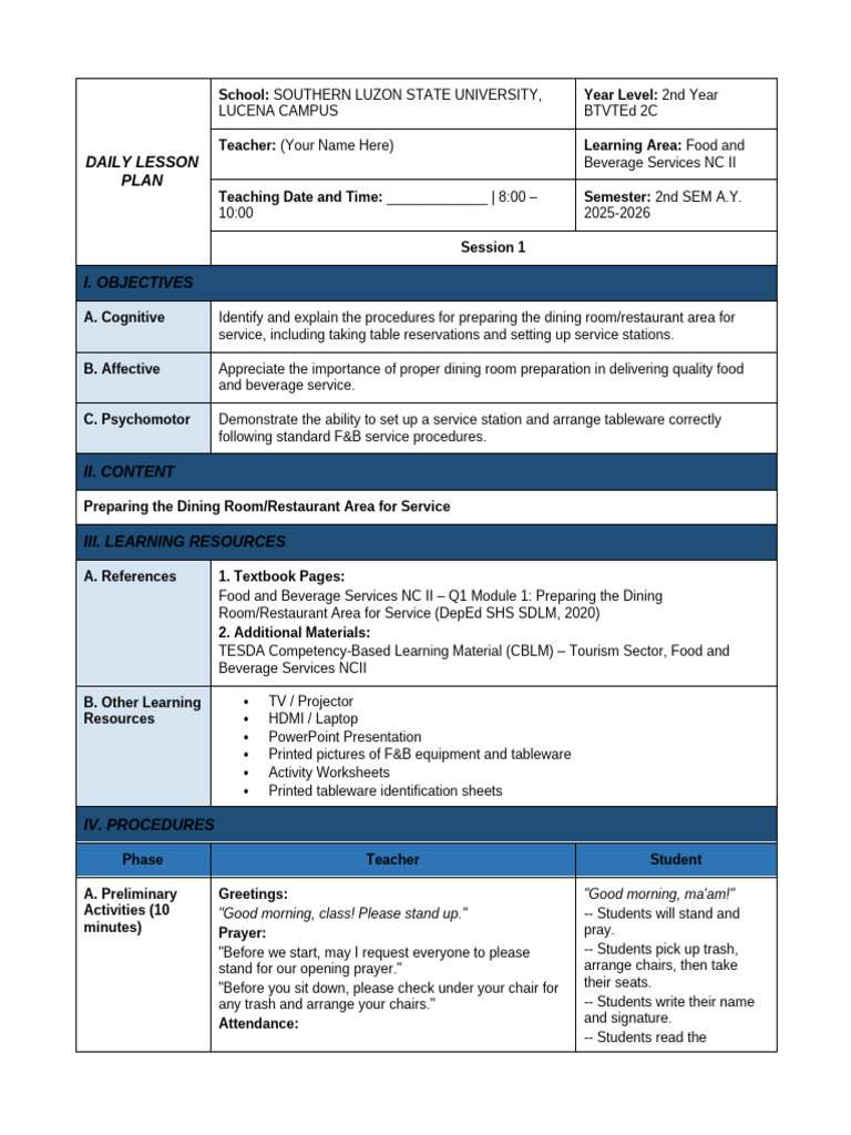 Fbs Nc II Lesson Plan | PDF | Tableware