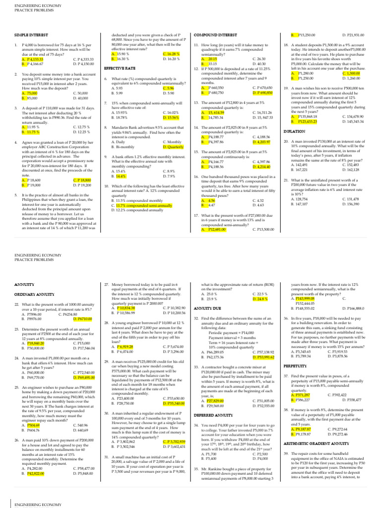 Practice Problems Engineering Economy | PDF | Depreciation | Interest
