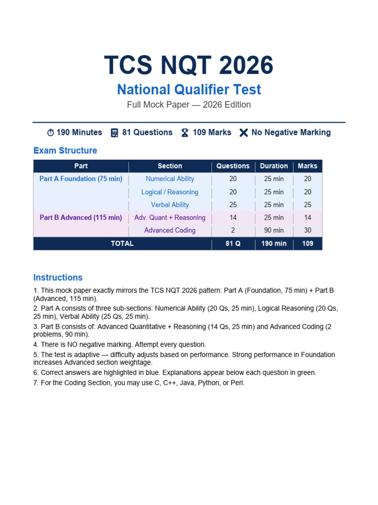 TCS NQT 2026 Full Mock Paper v2 | PDF | String (Computer Science) | Reason
