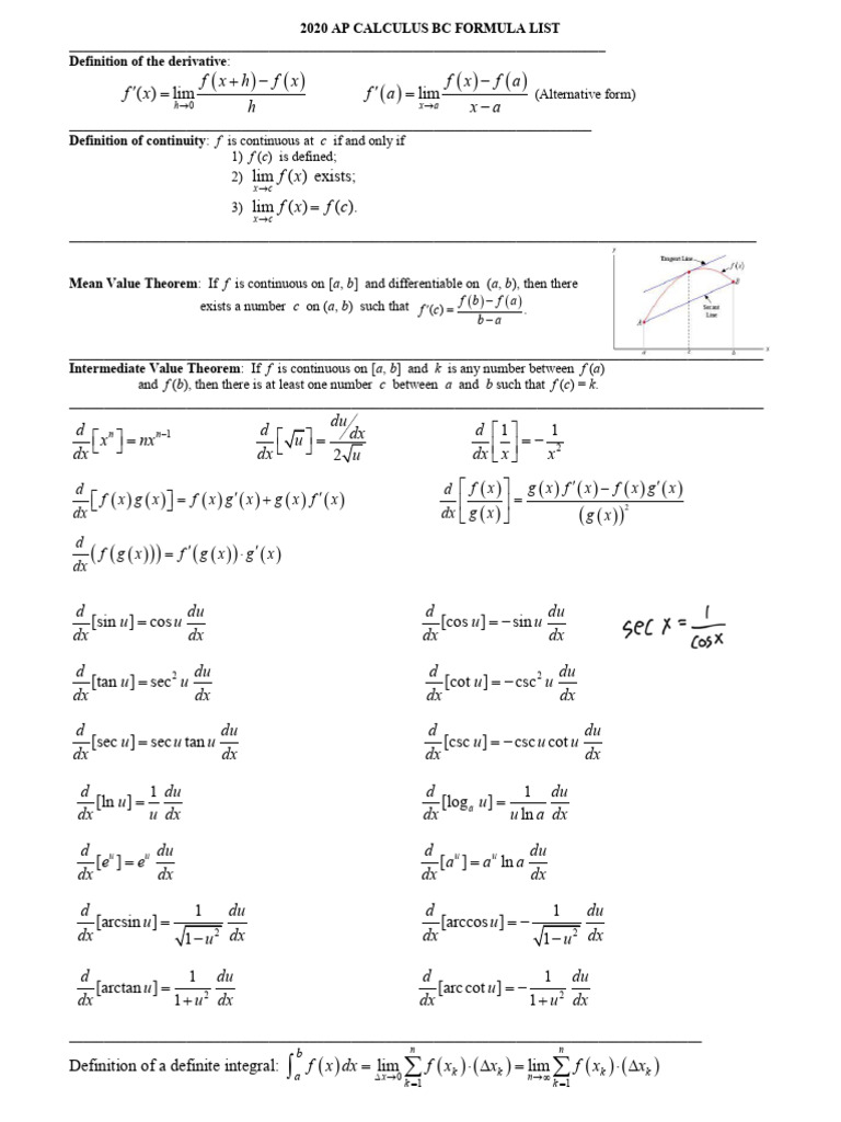 AP Cal BC Formula Sheet | PDF | Acceleration | Velocity