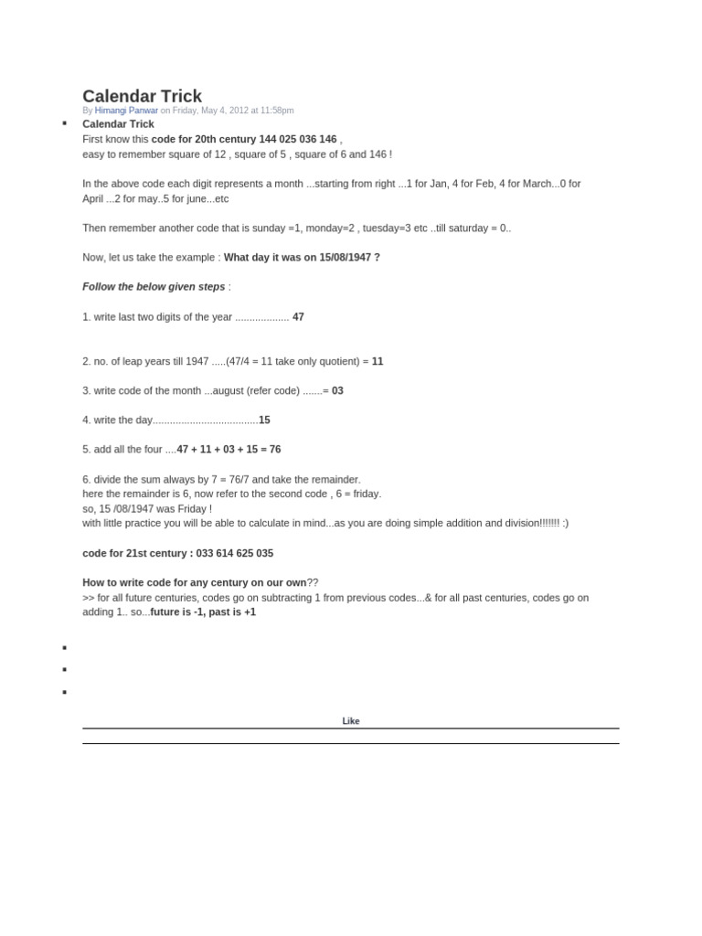 Calendar Trick | PDF