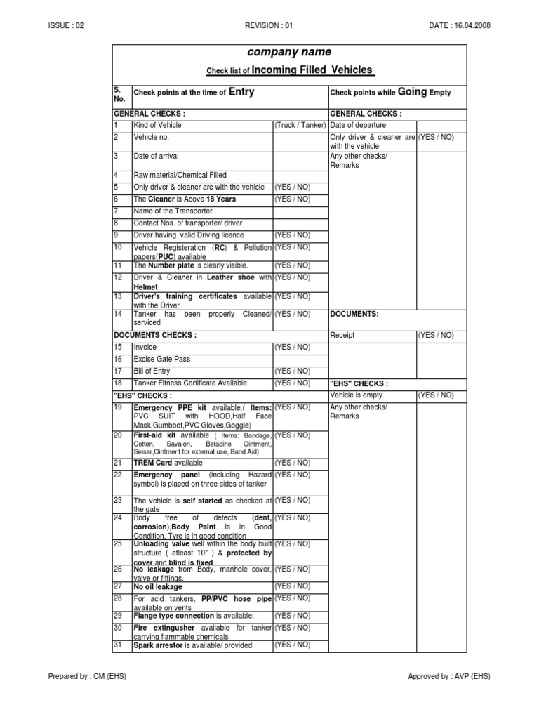 Tanker Inspection and Safety Checklist | PDF | Business | Technology ...