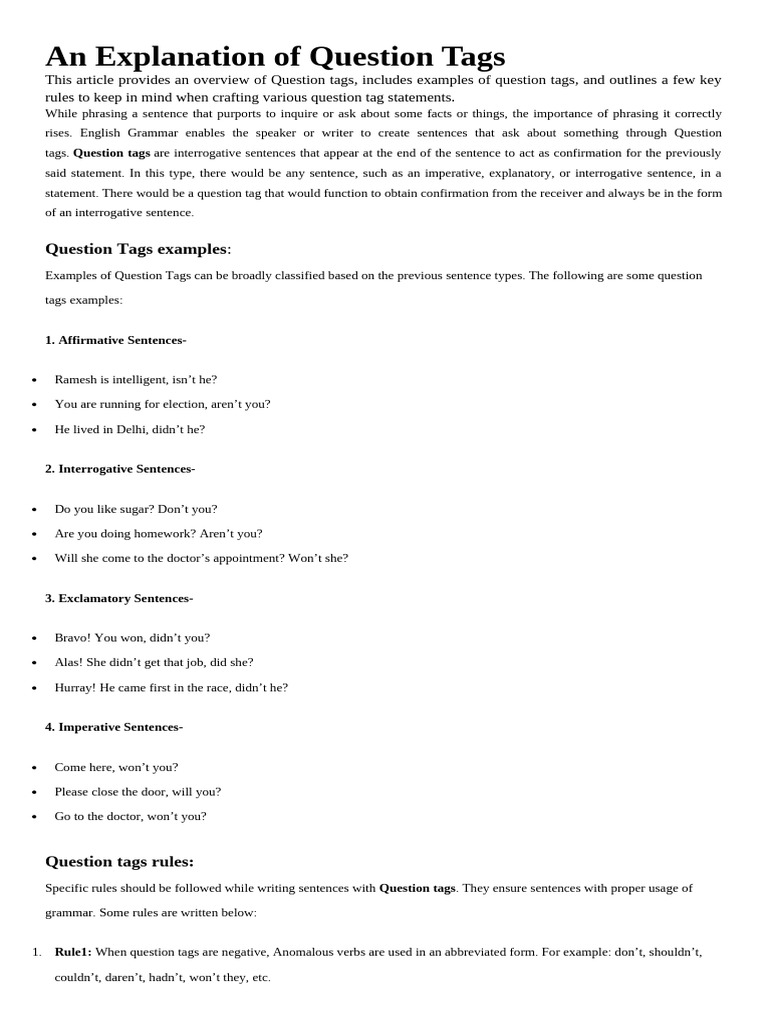 An Explanation of Question Tags | PDF