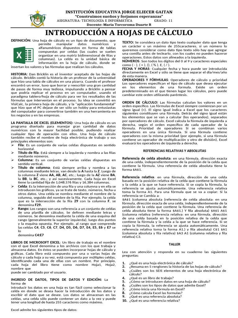 Taller Grado 11 | PDF | Hoja de cálculo | Microsoft Excel