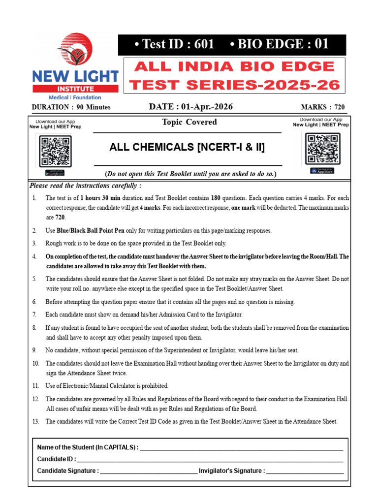 Bio Edge Test Paper - 01 (01!04!2026) | PDF | Cofactor (Biochemistry ...