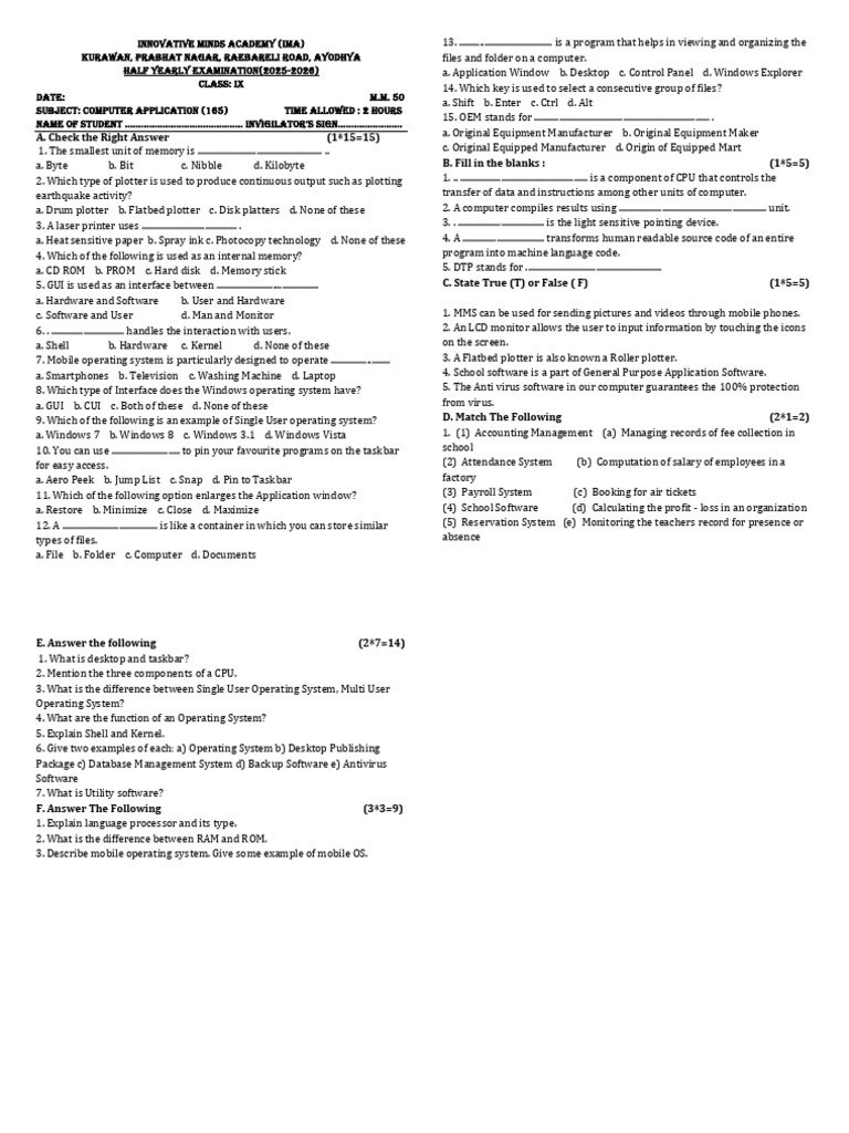 Class 9 Computer Application Questions | PDF | Operating System ...