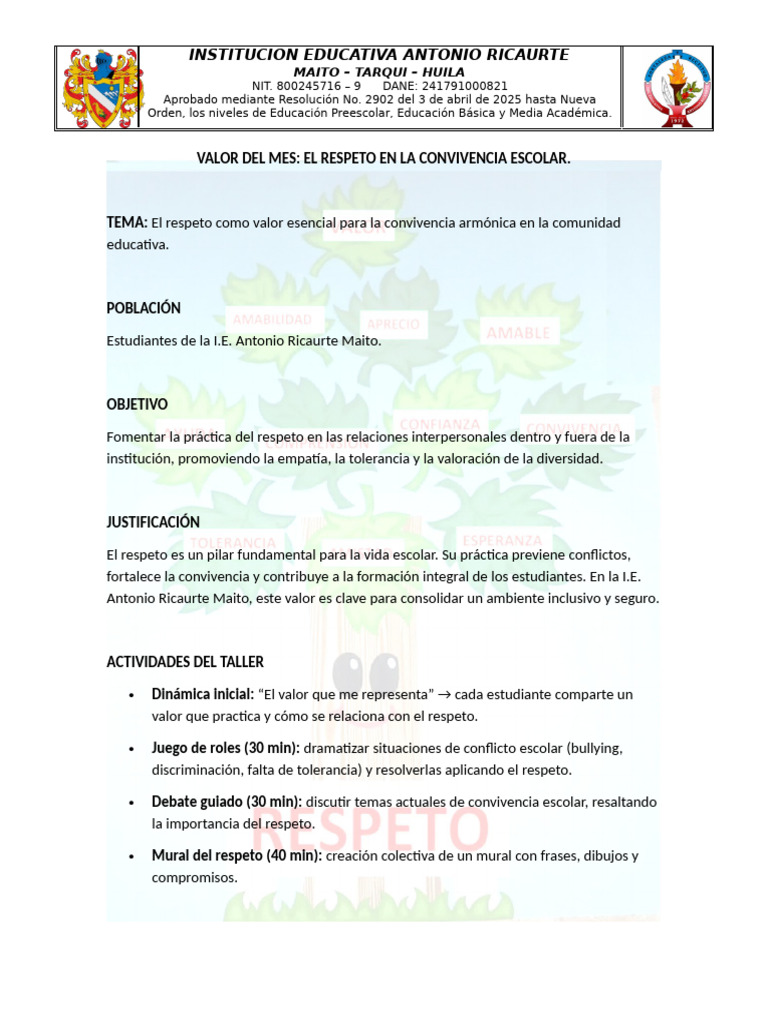 Guia Taller El Respeto en La Convivencia Escolar | PDF | Educación de ...