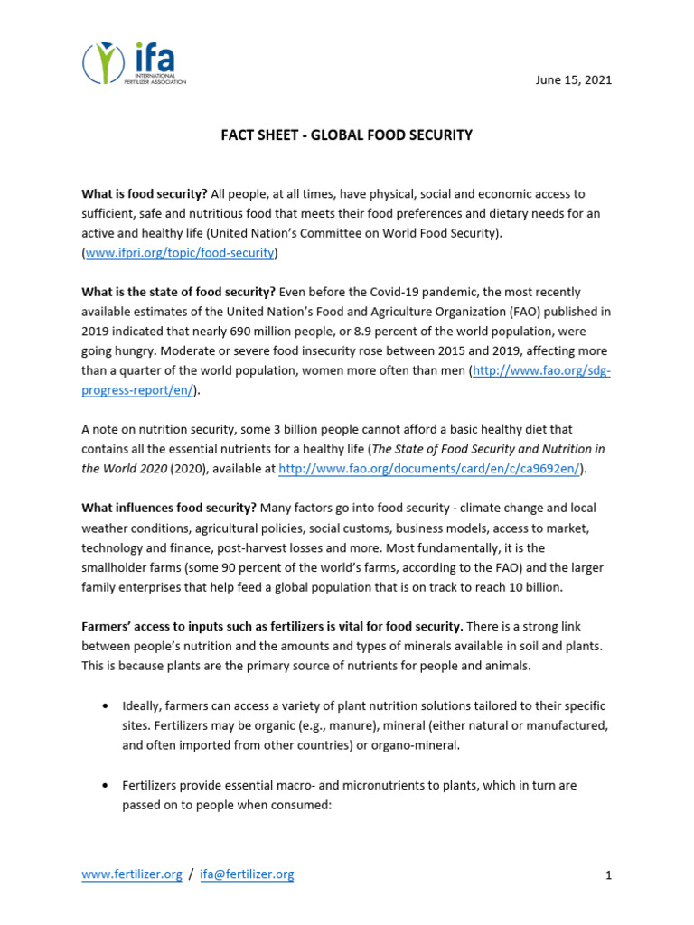 2021 IFA Fact Sheet Global Food Security | PDF | Food Security | Fertilizer