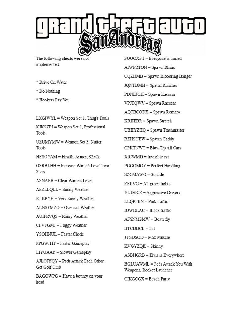 GTA San Andreas Cheat Codes | PDF | Vehicles