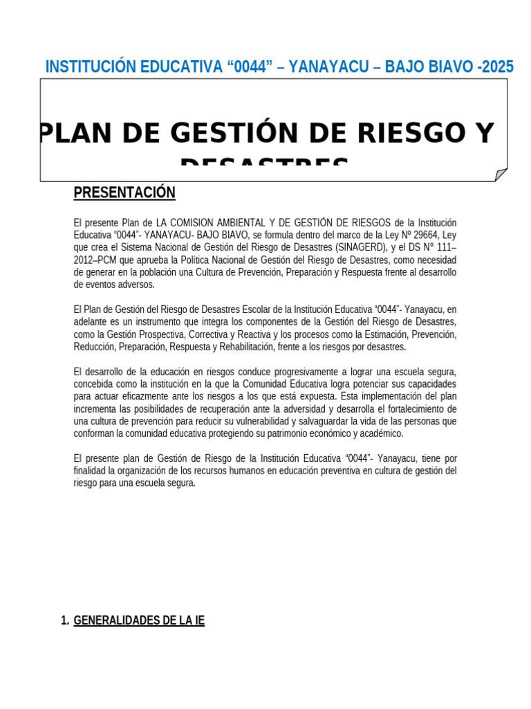 Plan Del Comite de Gestion de Riesgos 2025 | PDF | Riesgo | Reducción ...