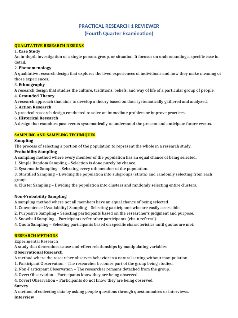 Q4-Practical Research 1 Reviewer | PDF | Sampling (Statistics ...