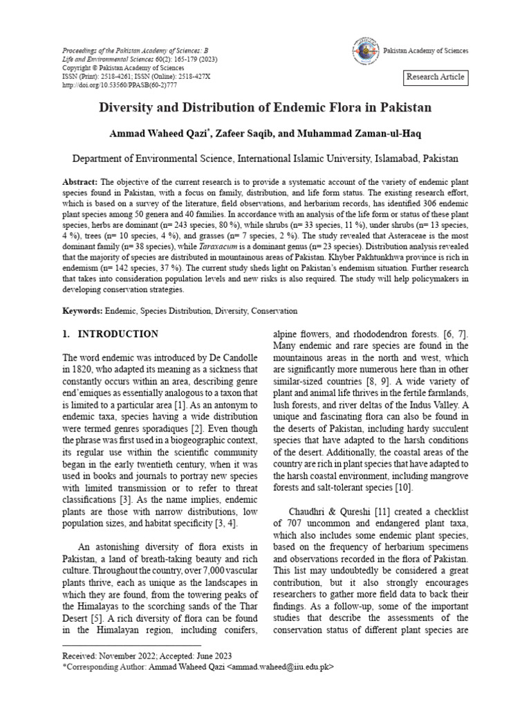 Diversity and Distribution of Endemic Flora in Pakistan | PDF