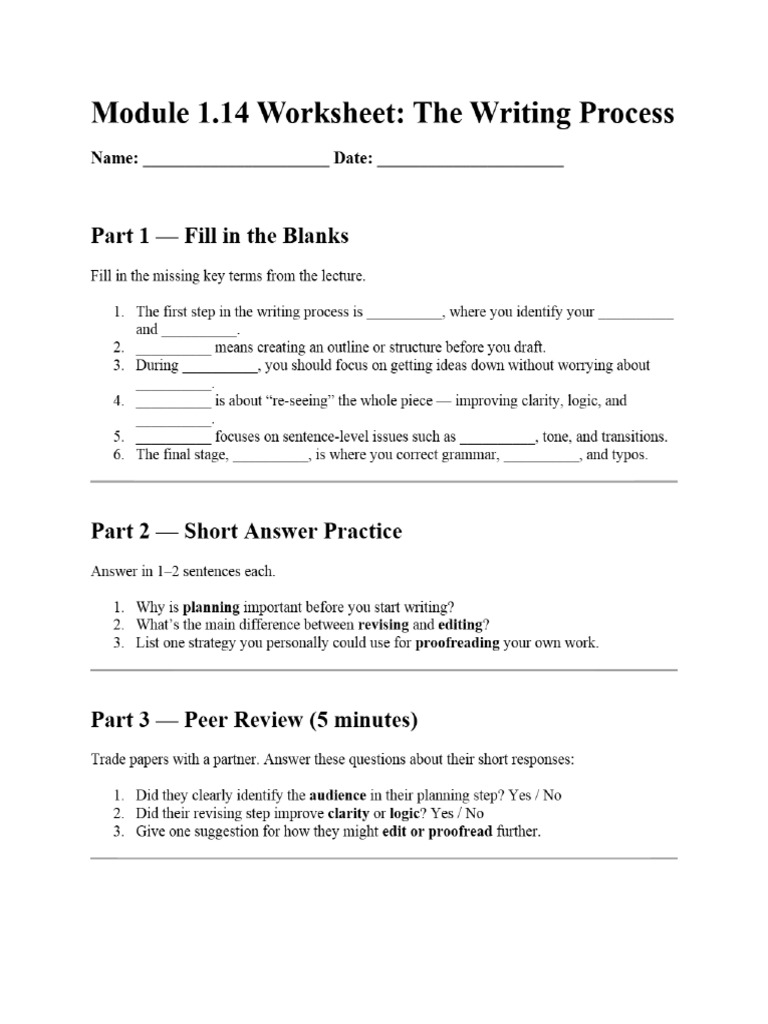Module 1.14 the Writing Process Worksheet | PDF