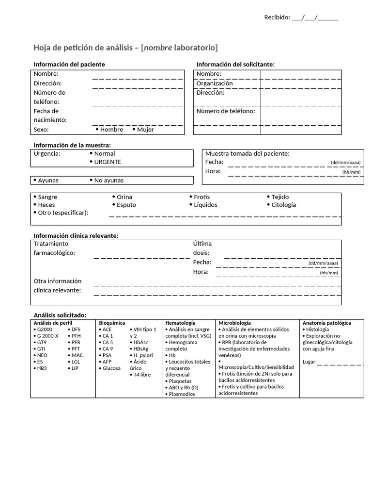 Template Laboratory Request Form 0 ES-ES 0 | PDF | Especialidades ...