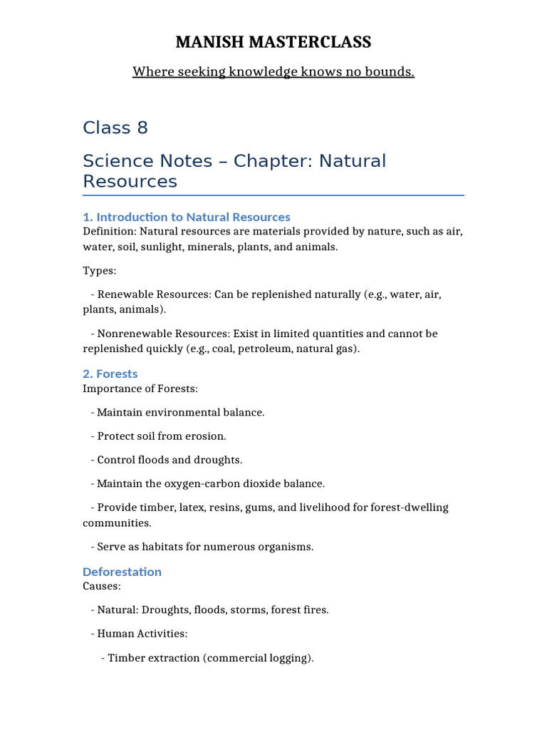 Class 8 Science Notes Natural Resources | PDF | Coal | Biofuel