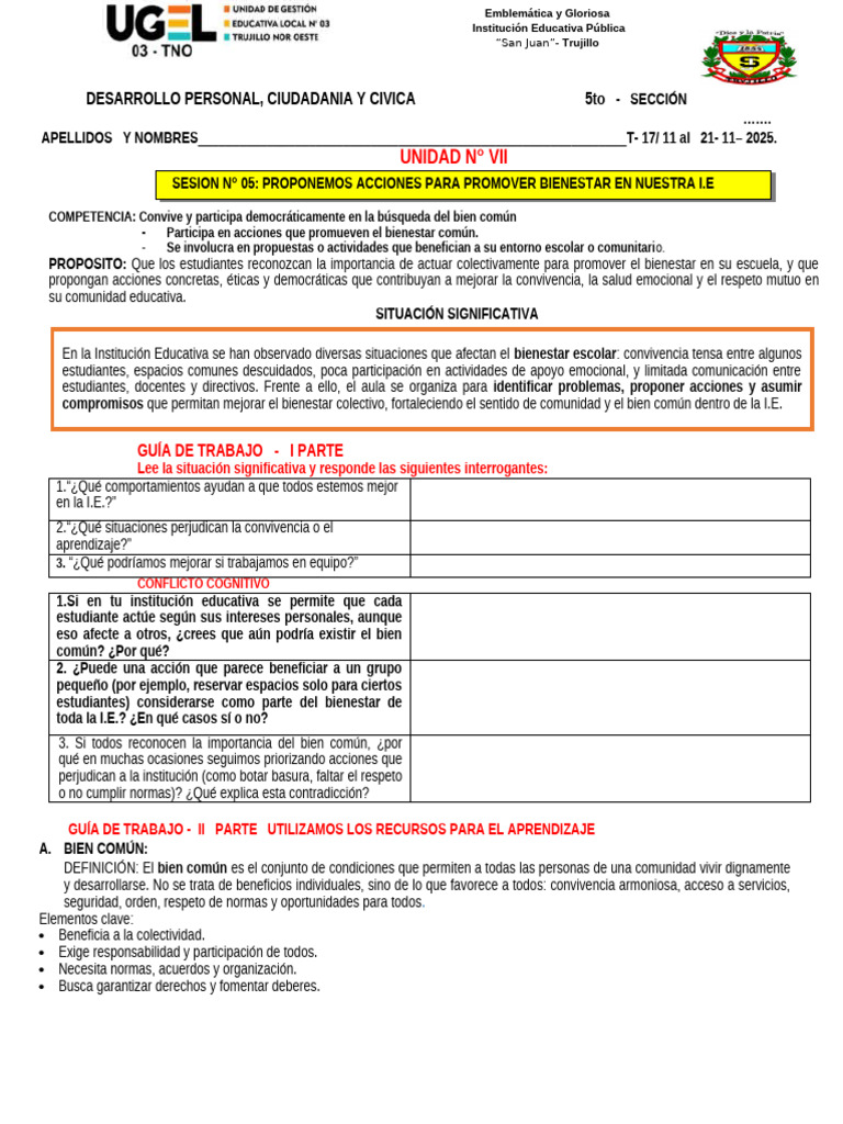Sesion 5 - Estudiantes Vii Unidad Dpcc Quinto | PDF | Bien común ...