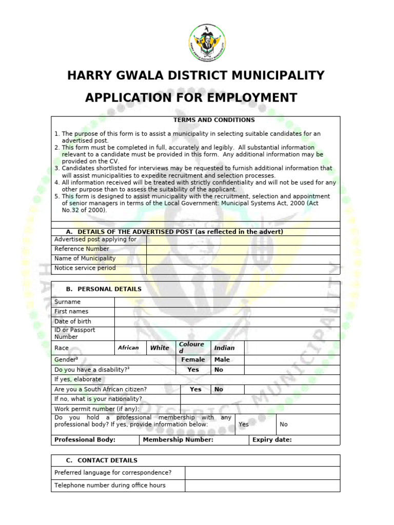 Harry Gwala Employment Application Form Edited on 10 March 2015 | PDF ...