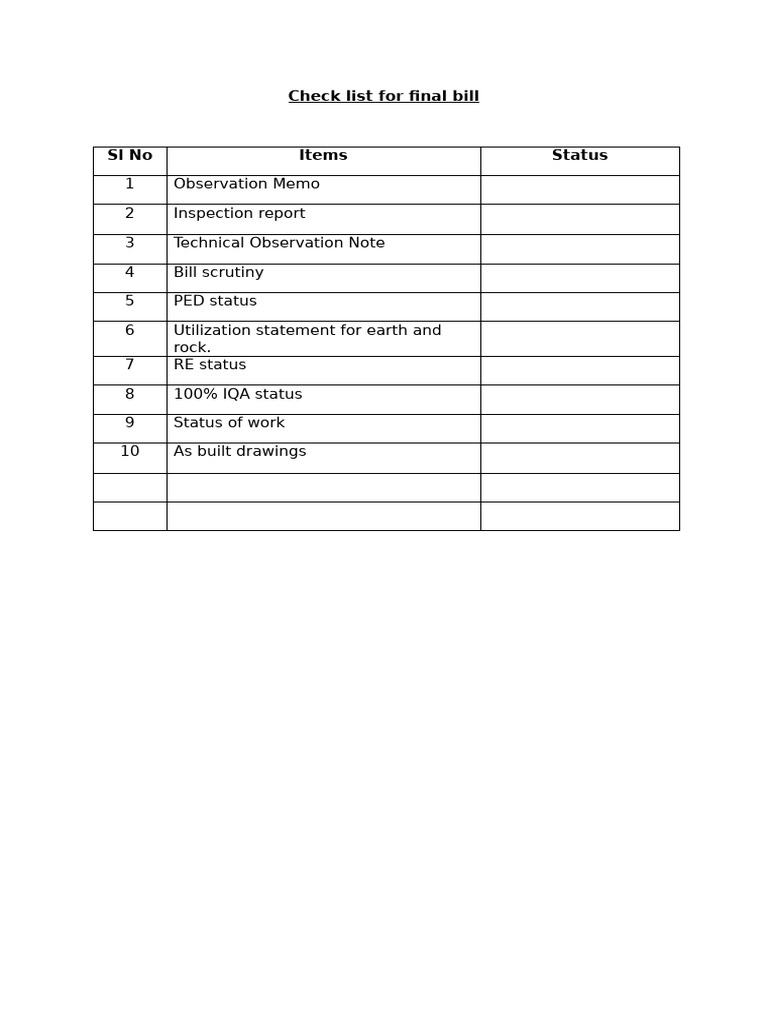 Check List for Final Bill 1 | PDF