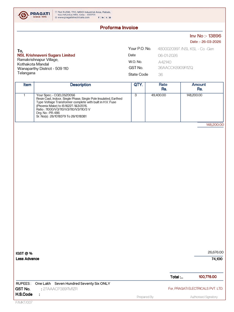 A42140 Proforma Invoice P.I. No. 13896 | PDF | Electricity | Electrical ...