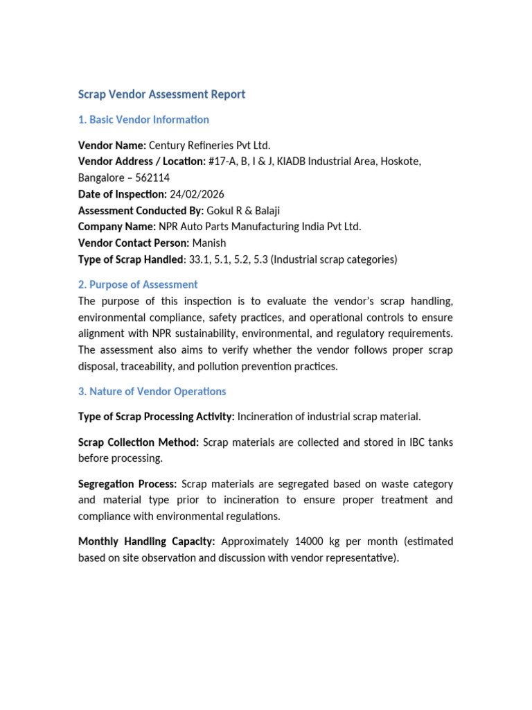 Scrap Vendor Assessment Report Template | PDF | Waste | Personal ...