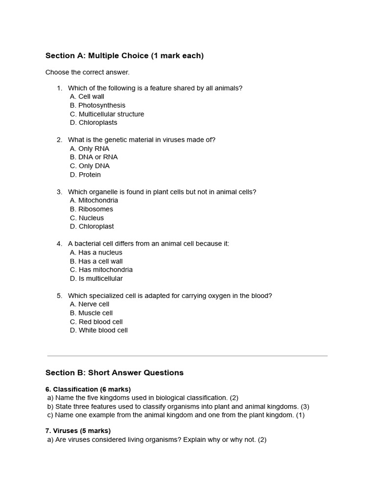 Bio Question Paper | PDF | Cell (Biology) | Bacteria