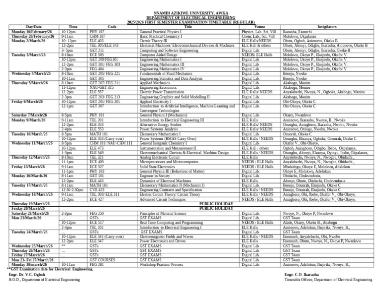 Updated 1st Semester ELE Exam Timetable 2025_2026 | PDF | Engineering ...