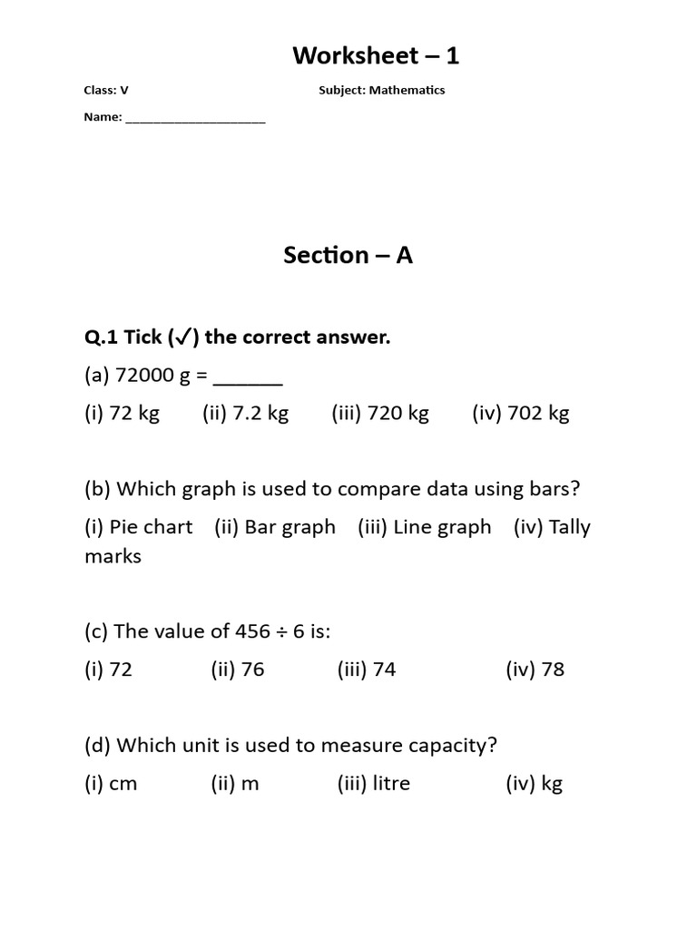 Class 5th Term- 2 Maths Worksheet 1 | PDF