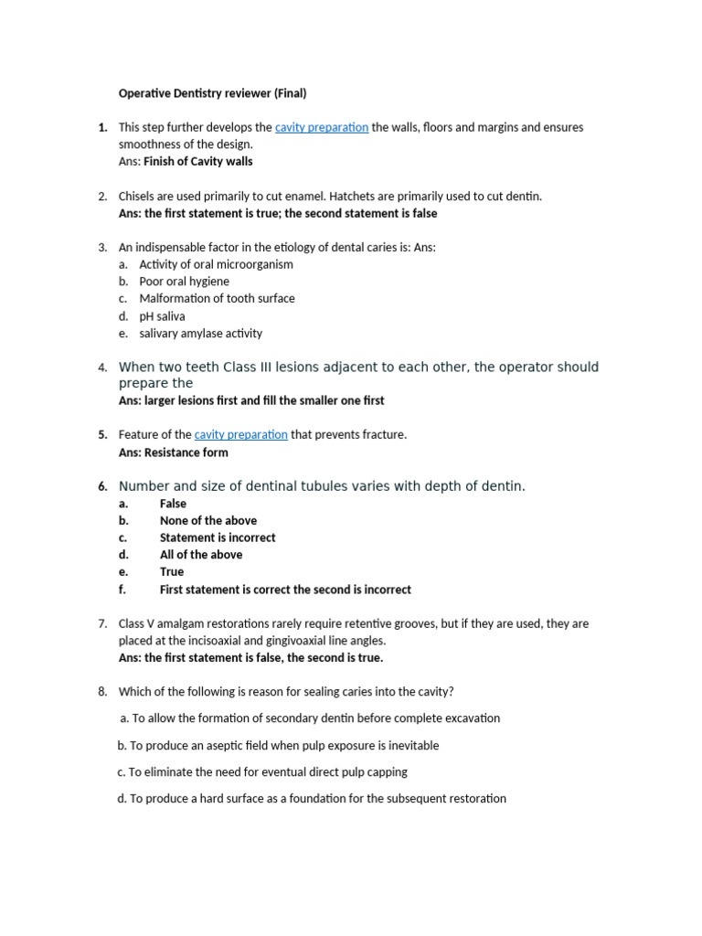 Operative Dentistry Reviewer Final | PDF | Tooth Enamel | Dentin