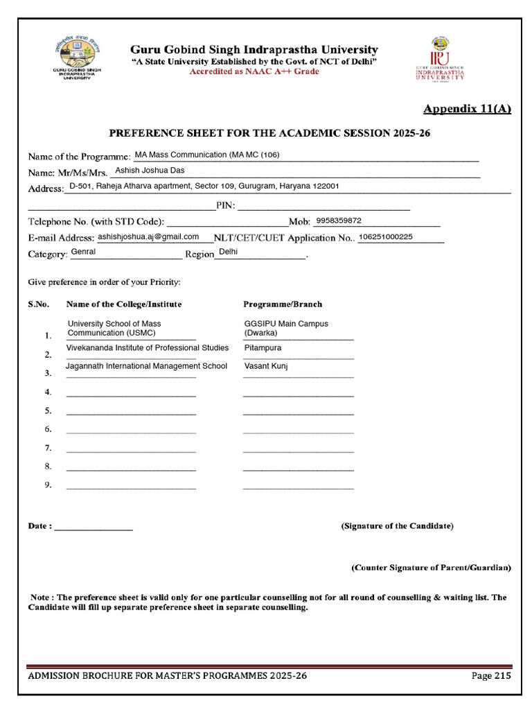 Preference Sheet Filled | PDF