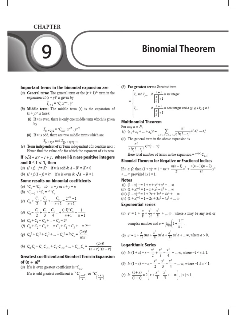 Short Notes Binomial Theorem | PDF | Combinatorics | Abstract Algebra