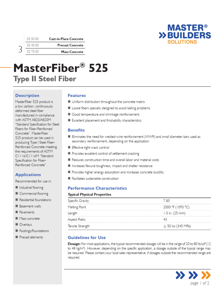 MasterFiber 525 Data Sheet | PDF | Concrete | Reinforced Concrete
